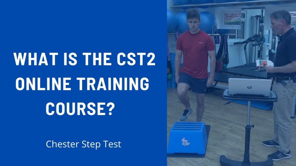 Two men in a gym, one performing a step test on a blue aerobic step while the other observes and records data on a laptop, with text "what is the cst2 online training course? chester step test" displayed above.